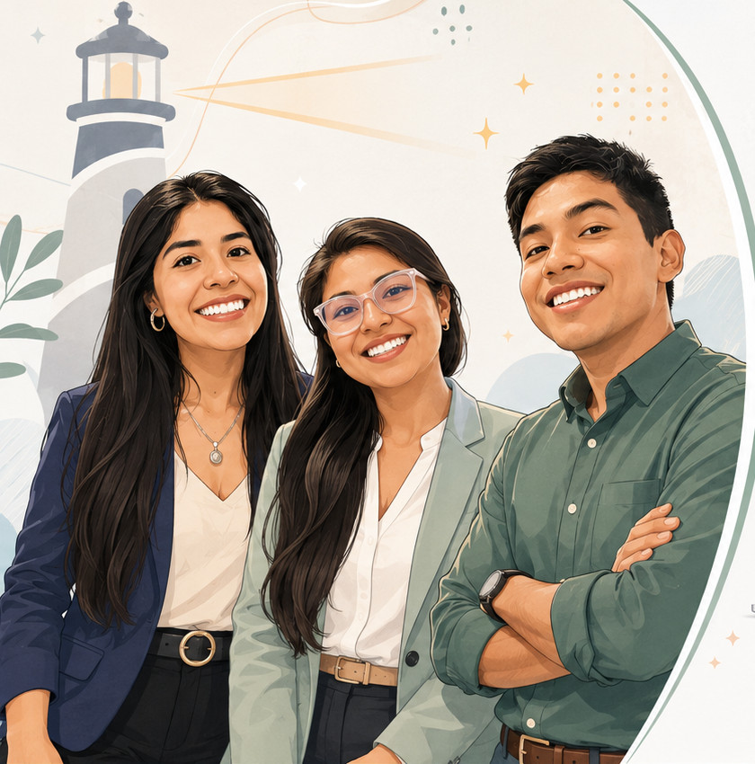 Ilustración del equipo de Faro Creativo: Marcionila, Alexandra y Renzo frente a un faro