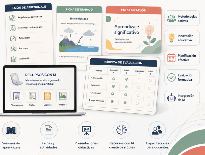 Ejemplos de productos: sesión de aprendizaje, ficha de trabajo, presentación, rúbrica de evaluación y recursos con IA